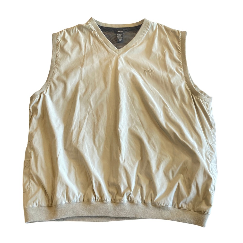 Vintage IZOD Golf Vest Mens XXL Tan Khaki V-Neck Mesh Lined Windbreaker Pullover